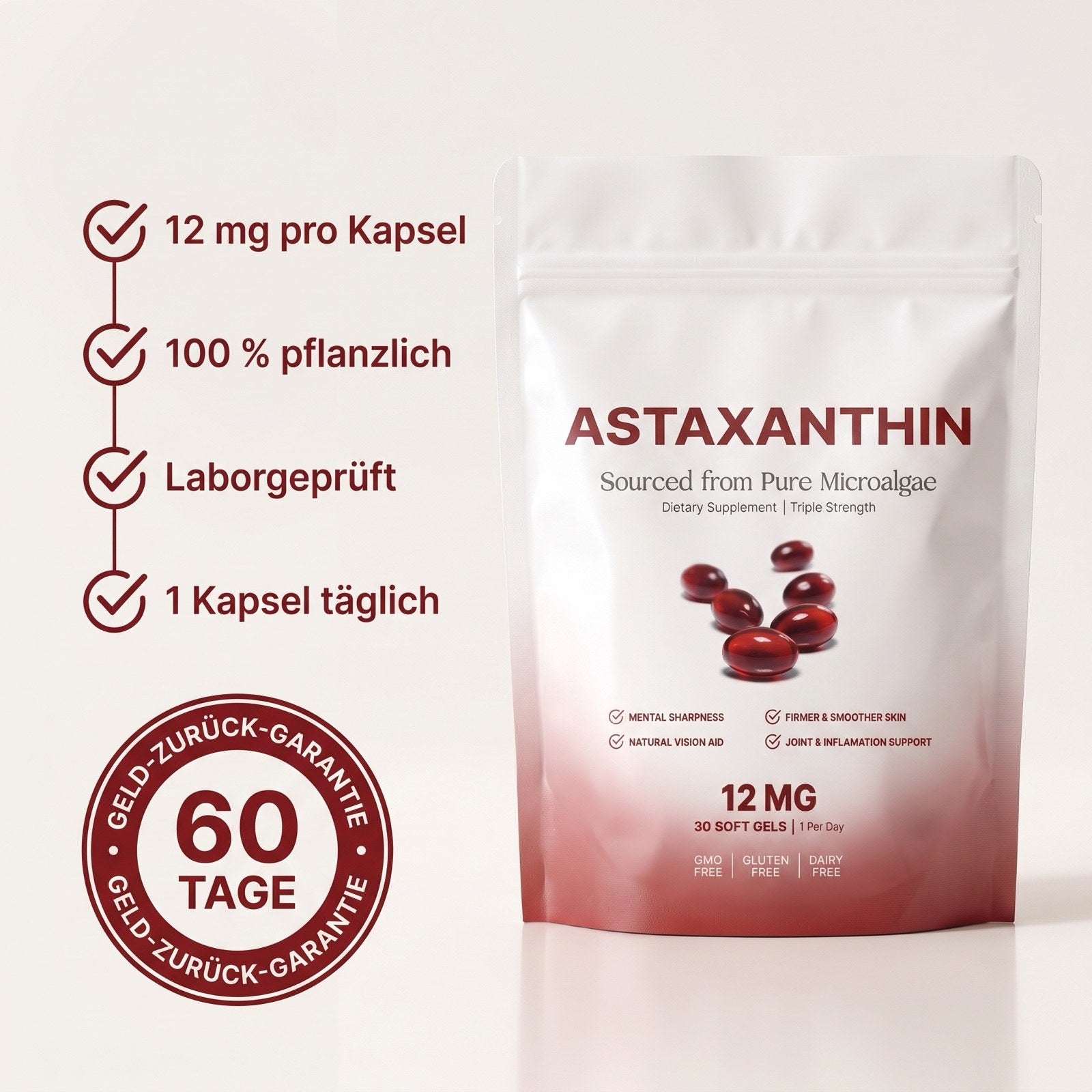 Astaxanthin Standbodenbeutel mit den wichtigsten Produktangaben und 60-Tage-Garantie-Siegel